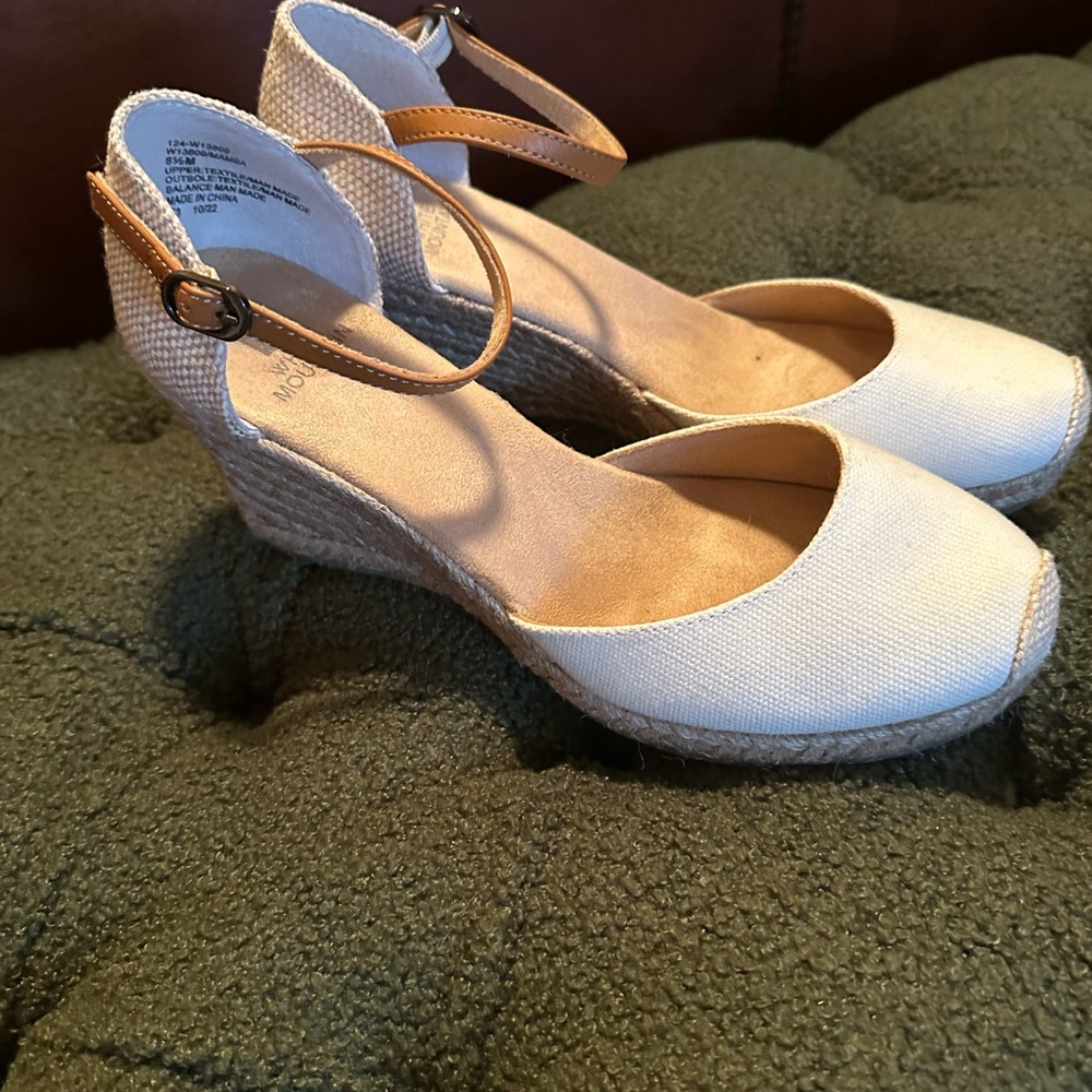 White Mountain Cream Canvas Espadrille Wedge with Tan Ankle Strap